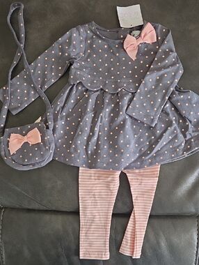 NWT Gray Polka Dot Dress Set with Pink Bows